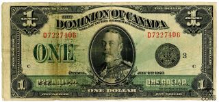 1923 Dominion Of Canada Ottawa $1 One Dollar Green Line Vg Banknote Rare