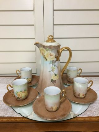 Antique Signed Hand - Painted Floral Porcelain Coffee Pitcher 5 Cupsaucer