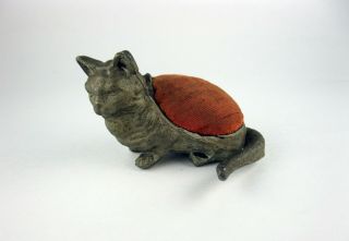 Antique Vintage Victorian Cat Kitten Cast Metal Pin Cushion Needle Red Fabric