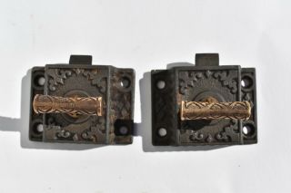 2 Ornate Antique Iron & Brass Handle Eastlake Victorian Cabinet Door Latch /lock