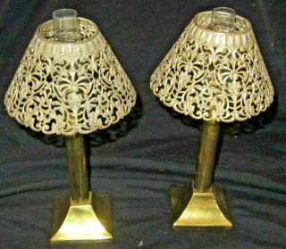Rare Vintage 10 1/2 " Brass Wick Oil Lamp W/ Glass Chimney & Brass Shades