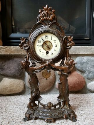 Antique Art Nouveau Gilt Bronze Ladies Holding Mantel Pendulum Table Clock