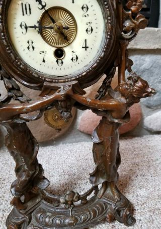 Antique Art Nouveau Gilt Bronze Ladies Holding Mantel Pendulum Table Clock 2