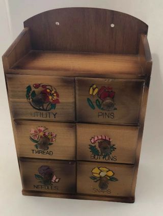 Vintage Wooden Sewing Box 6 - Drawer Wall Cabinet Storage Flower Decor