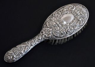 Ornate H/m Sterling Silver Repousse Hair Brush - Masks,  Birds And Scrolls
