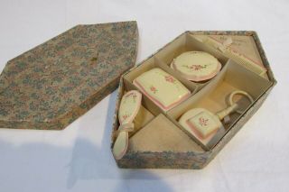 Antique Baby Dresser Set Celluloid Comb Brush Comb Hand Painted Box Not