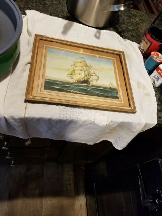 Vintage 1940s Or Older Framed Matted Vintage Sail Ship Picture Print Signed