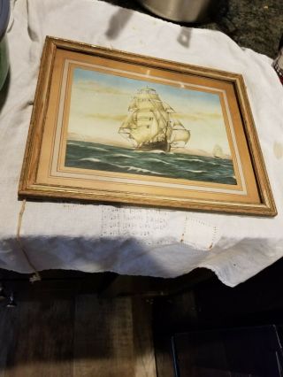 Vintage 1940s Or Older Framed Matted Vintage Sail Ship picture print Signed 2