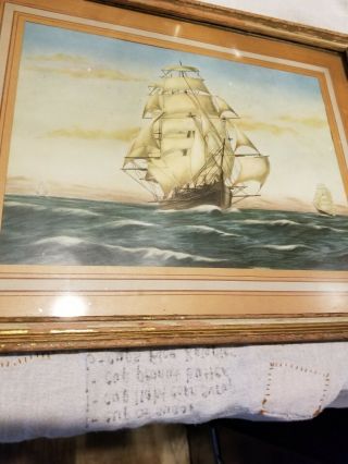 Vintage 1940s Or Older Framed Matted Vintage Sail Ship picture print Signed 3