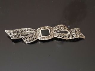 Antique Art Deco Sterling Silver Marcasite And Onyx Huge Brooch