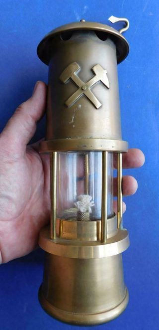 Full Size Brass Miners Safety Lamp Crossed Pick & Hammer Logo