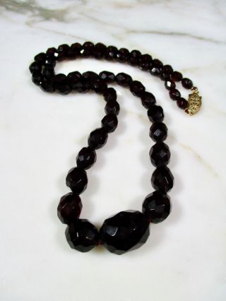 Antique Victorian Dark Red Cherry Amber Bakelite Faceted Olive Bead Necklace