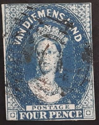 Rare 1855 - Tasmania Australia 4d Deep Blue Imp Chalon Head Stamp Star Wmk