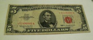 Rare 1963 Series $5 Five Dollar Note,  Red Seal With Star In Red Serial Number