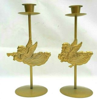 Vintage Pair Brass Cherub Angel Design Candlestick Holders Playing Music