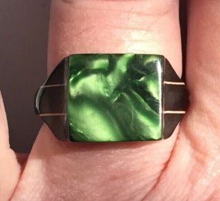 Antique Unusual Black Green Formica Celluloid Mourning / Prison Ring Size 9 1/2