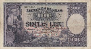 100 Litu Vf - Fine Banknote From Lithuania 1928 Pick - 25 Very Rare