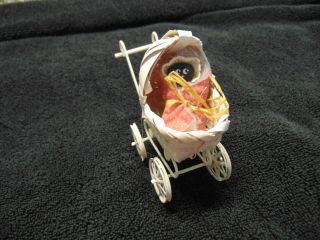 Vintage Miniature Doll House Carriagewicker Buggy & Baby Child 