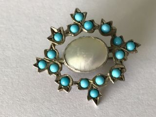 Antique Vintage Silver Turquoise Mother Of Pearl Lace Pin Brooch.