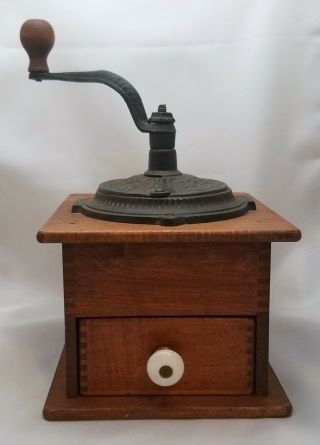 Antique Cast Iron And Wood Hand Crank Coffee Mill Grinder