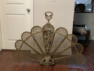 Rare Antique Ornate Brass Peacock Fireplace Fan Folding Screen Lady Art Deco