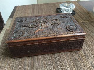Antique Anglo Indian Deep Carved Teak Jewellery Box