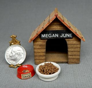 Vintage Dog House W Food Bowls - Artisan Dollhouse Miniature 1:12