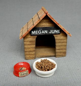 Vintage Dog House w Food Bowls - Artisan Dollhouse Miniature 1:12 2