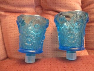 2 Daisy Home Interiors Aqua Sunflower Glass Candle Votive Holder Cups 3 3/4 " T