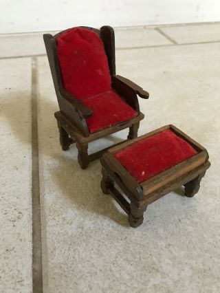 Dollhouse Miniature Chair And Ottoman Wood And Red Velvet 1:12 Scale