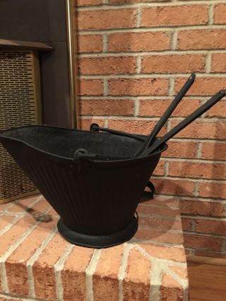 Vtg 17 " Coal Ash Bucket Pail Scuttle Shovels Primitive Fireplace Stove Farmhouse