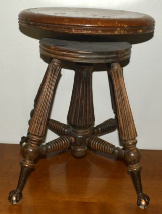 Antique Tonk Wooden Piano Stool W/eagle Claw & Glass Ball Collectible