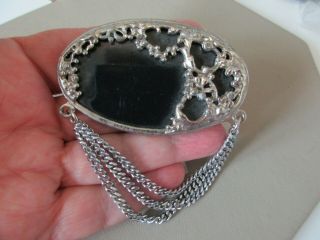 Antique Vintage Large French Jet Black Glass Silver Tone Swag Chain Brooch Pin
