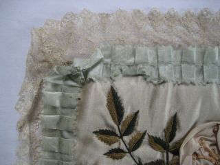 LATE VICTORIAN LACE & RAYON PILLOW WITH EMBROIDERY & APPLIQUE - 10 