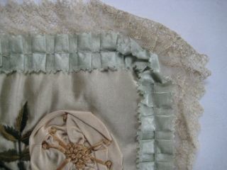 LATE VICTORIAN LACE & RAYON PILLOW WITH EMBROIDERY & APPLIQUE - 10 