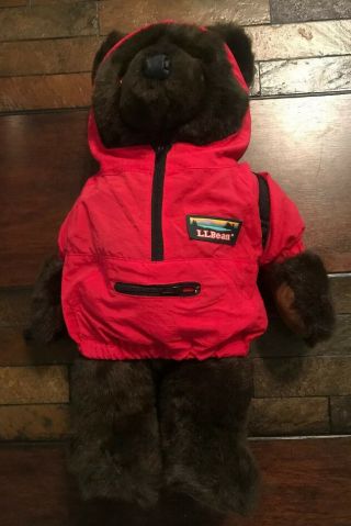 Vintage Ll Bean Brown Bear Plush Red Rain Anorak Parka 17” With Backpack
