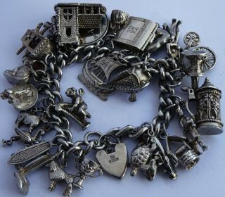 Stunning Vintage Solid Silver Charm Bracelet & 27 Charms,  Rare,  Open,  Move.  112.  3g