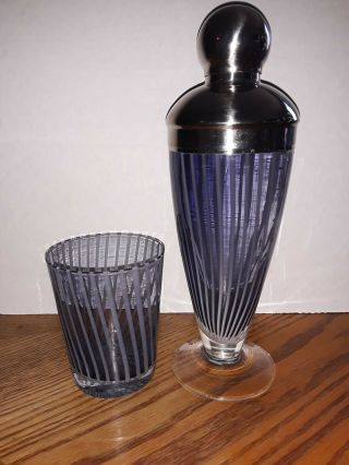 Vintage Art Deco Footed Cocktail Shaker & Glass Hand Blown Purple Stripe Rare