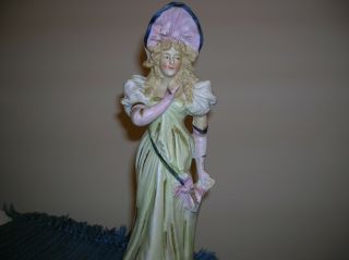 Vintage Kpm Style Victorian Porcelain Figurine Lady Hat Leaning On Fence 11 "