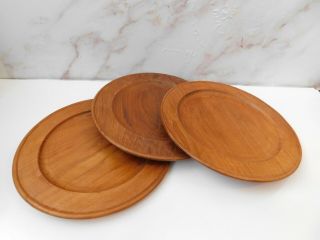 Set Of 3 Vintage Teak Wood Modernist Charger Plates 7/8