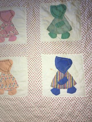 Vintage Handmade Sunbonnet Sue Quilt Full/Double 1930s feedsack fabric hearts 3
