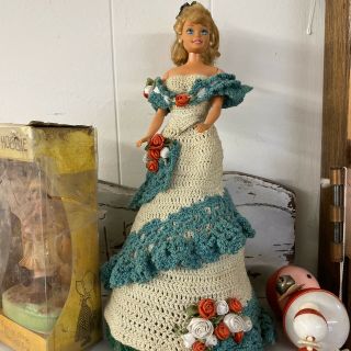 Vintage Barbie Doll In Crochet Crocheted Dress