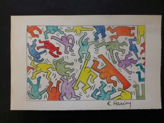 Keith Haring Vintage Watercolor On Paper Drawing Rare Signed