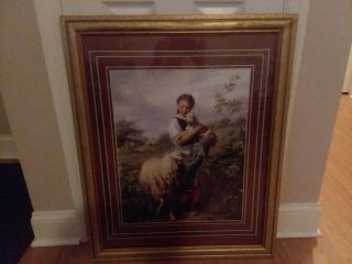 Vintage Home Interior Girl Holding A Lamb Picture Large Rare Child Sheep Lovely