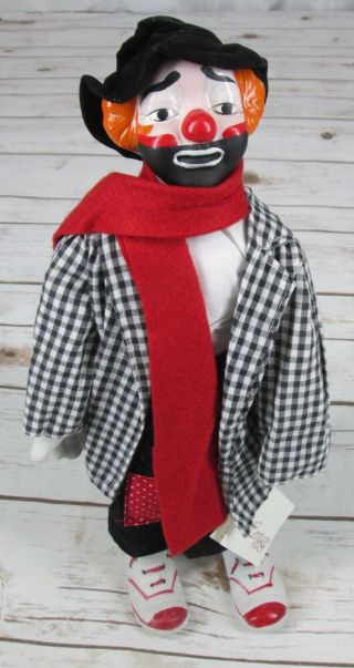 Vintage Heritage Musical Clown Hobo Doll 14 " Black Hat Gingham Jacket Red Scarf