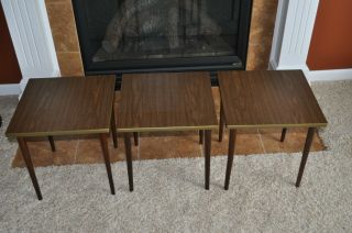 Vintage Mid Century Modern 3 Pc Stacking Nesting Tables Laminate Wood Tops