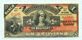 Bolivia El Banco Nacional 1 Boliviano 1892 S211b Vf,  Rare