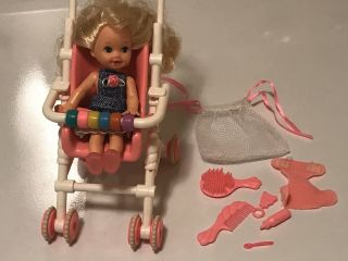 Vintage 1995 Barbies Baby Sister Kelly With Stroller And Bag Of Accessories