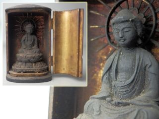 Japanese Antique C1800 Edo Buddhist Amida Nyorai Buddha Statue Zushi Show Case