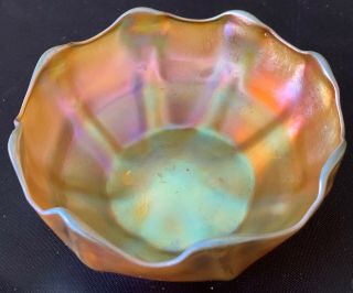 Rare Tiffany Favrile Art Glass Signed L.  C.  T.  Iridescent Gold & Pink Aurene Bowl
